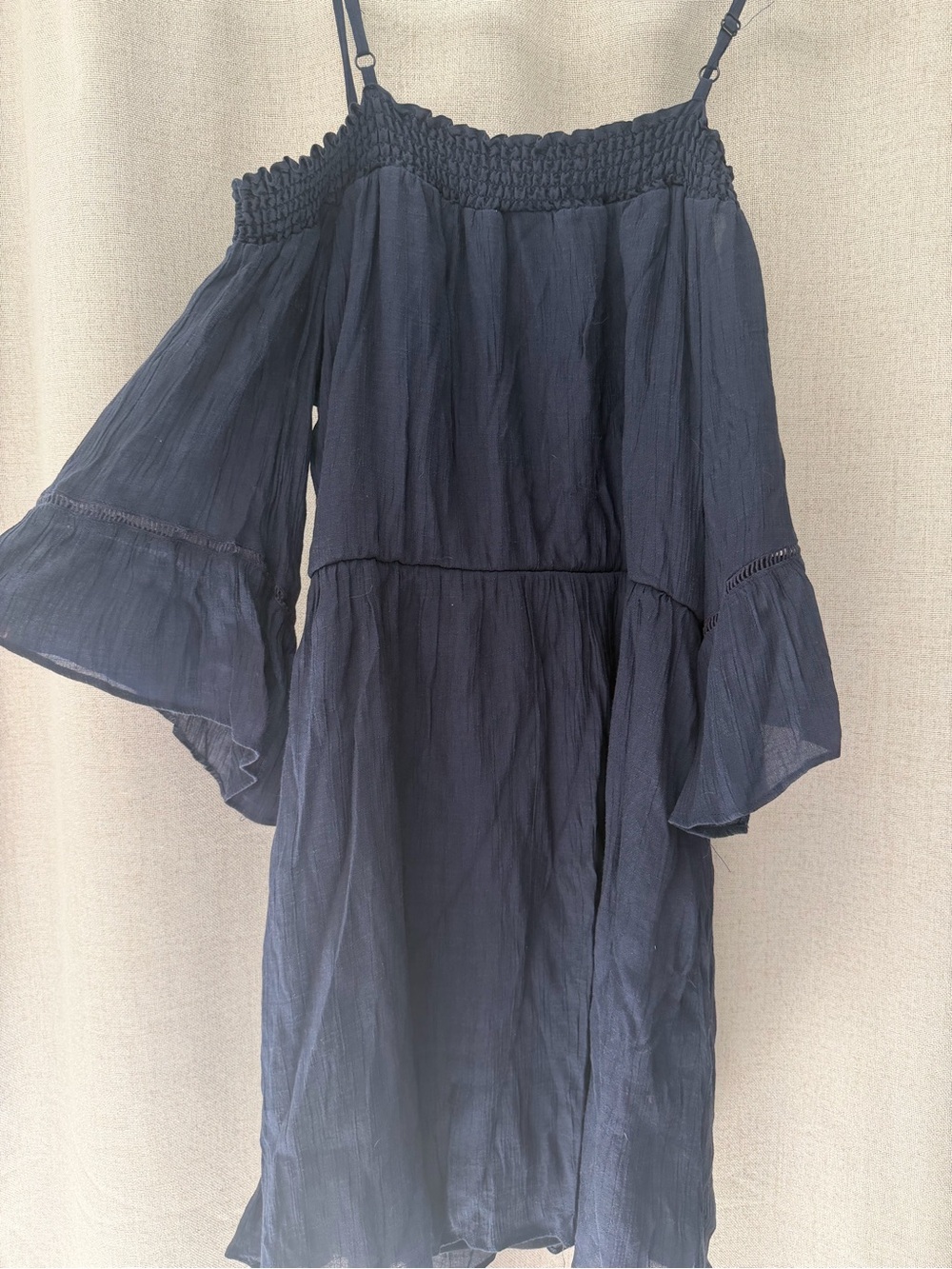 Navy Smocked Neck Mini Dress with Cold Shoulder